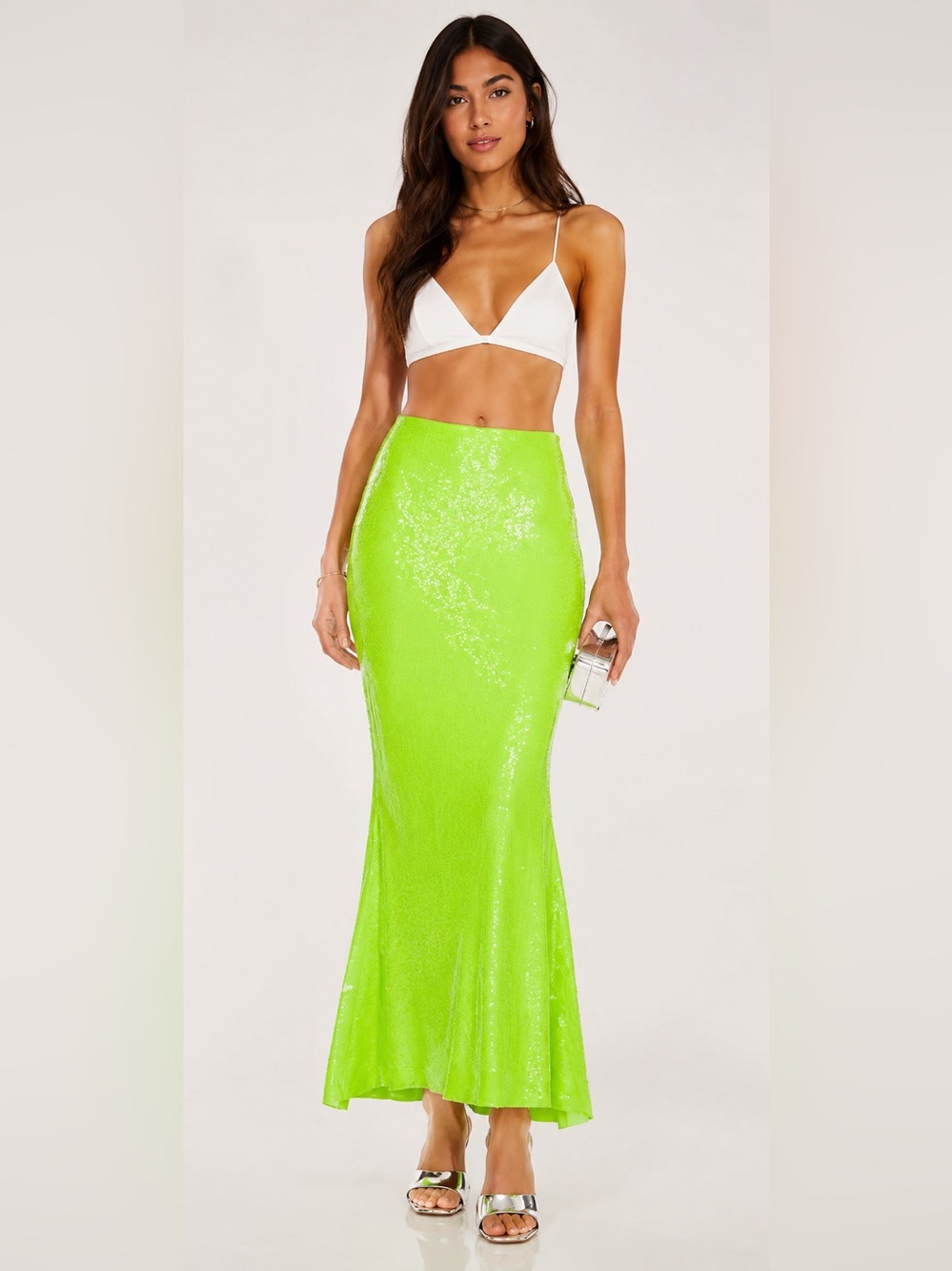Norma Kamali Sequin Obie Maxi Skirt Neon Green S NWT $265